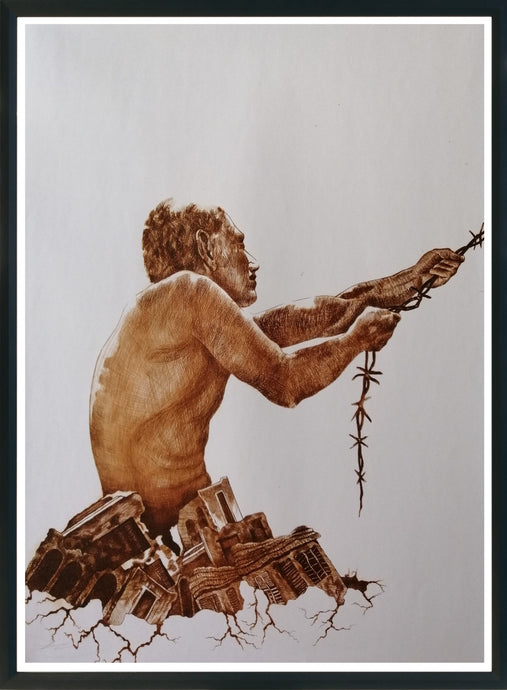 Pintura decorativa de un hombre rompiendo barreras a la libertad.