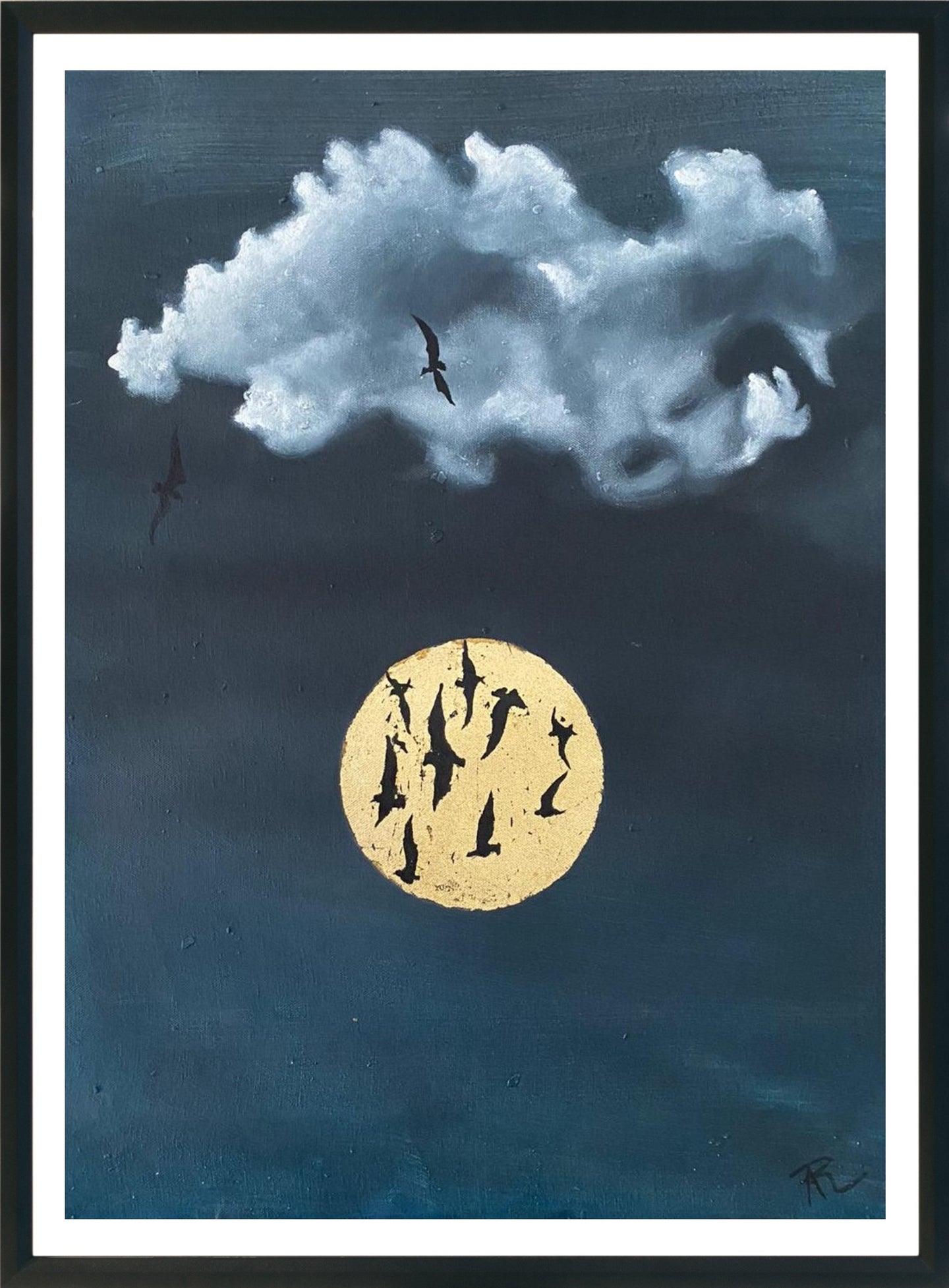 arte contemporáneo aves volando sobre cielo nublado y luna