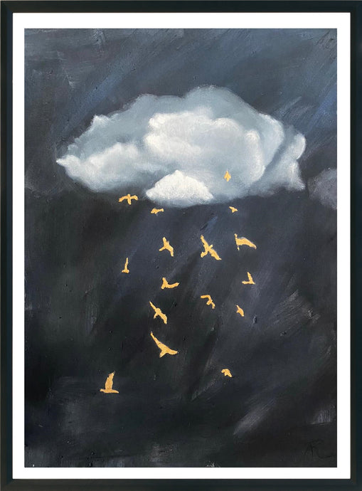 pintura al óleo aves y nubes