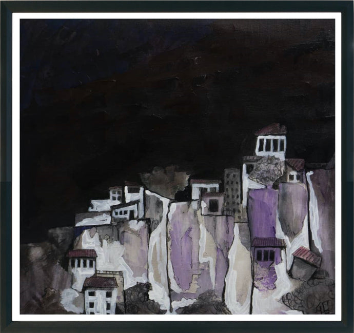 acantilado casas pueblo cielo negro